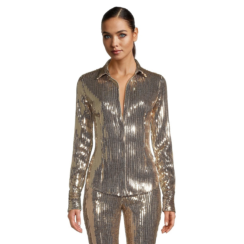Allover Sequin Plunge Button-Up Shirt