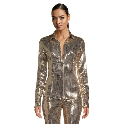 Allover Sequin Plunge Button-Up Shirt