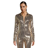 Allover Sequin Plunge Button-Up Shirt