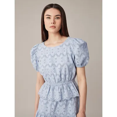 Embroidered Eyelet Puff-Sleeve Blouse