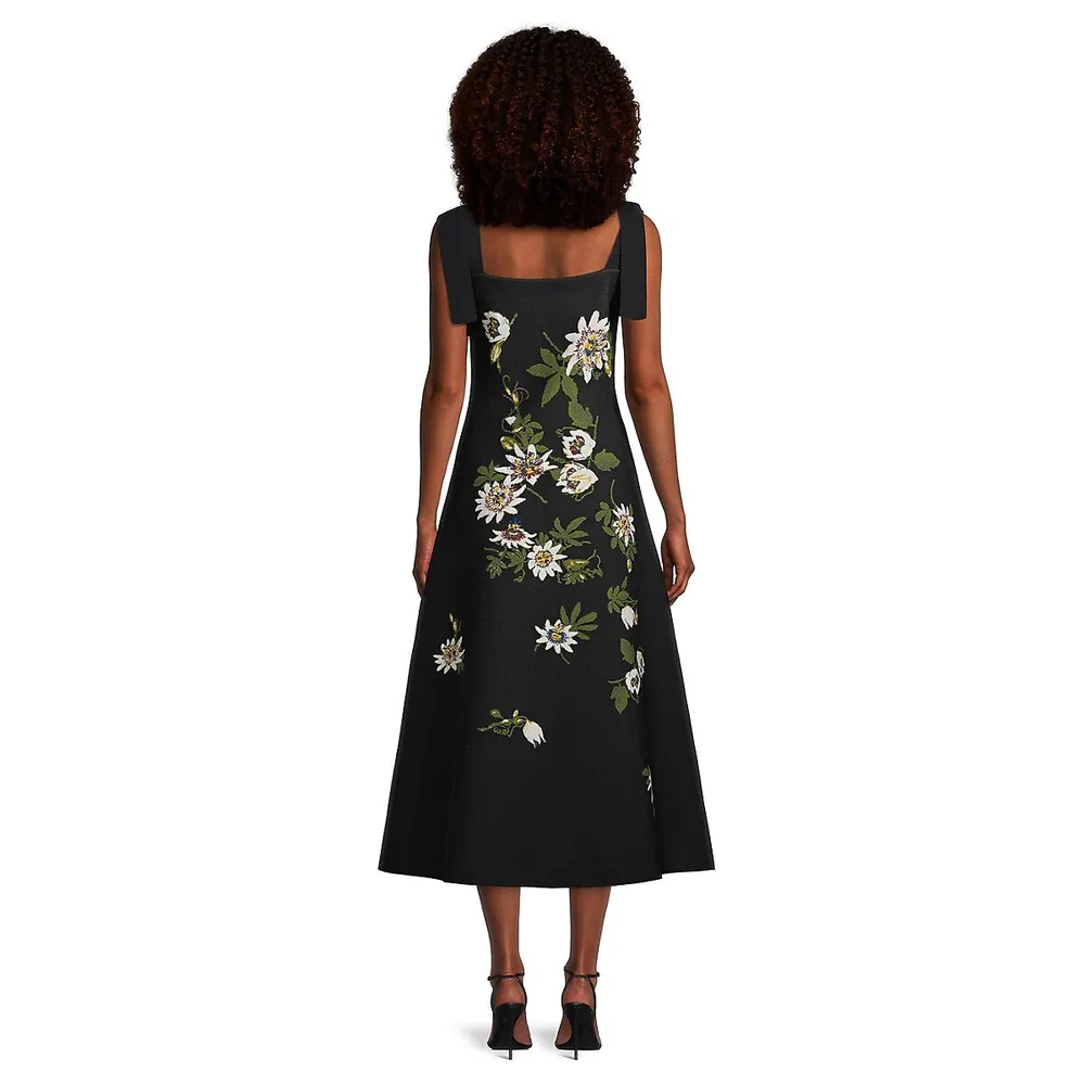 Tied Floral Intarsia Midi A-Line Dress