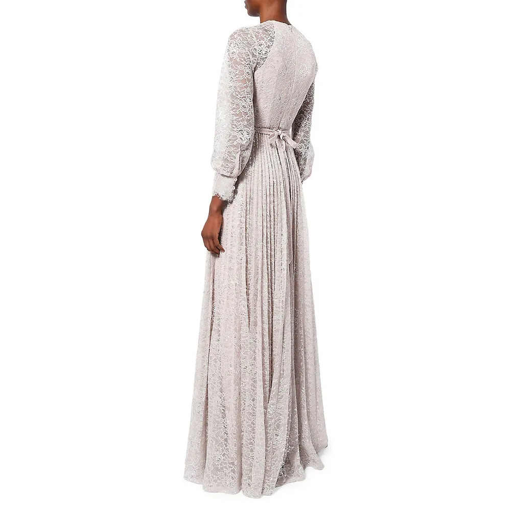 Lindsay Pleated Floral Lace Maxi Dress