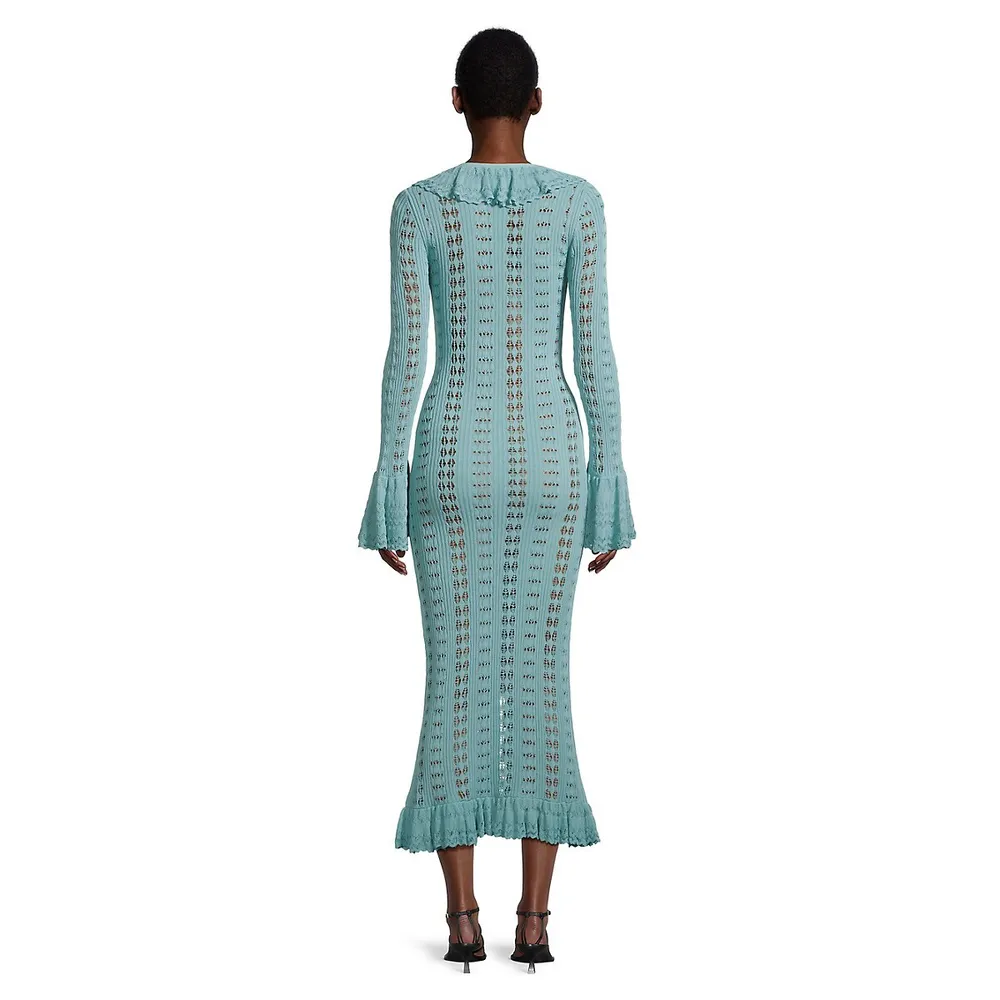 Crochet Knit Ruffle Front V-Neck Dress