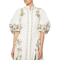 Zelda Floral Puff-Sleeve Pleated-Hem Midi Dress