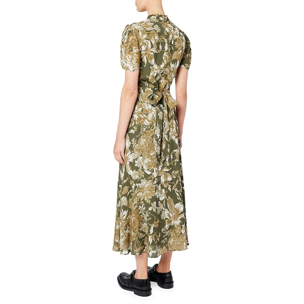 Laurea Floral Puff-Sleeve Belted Midi Dress