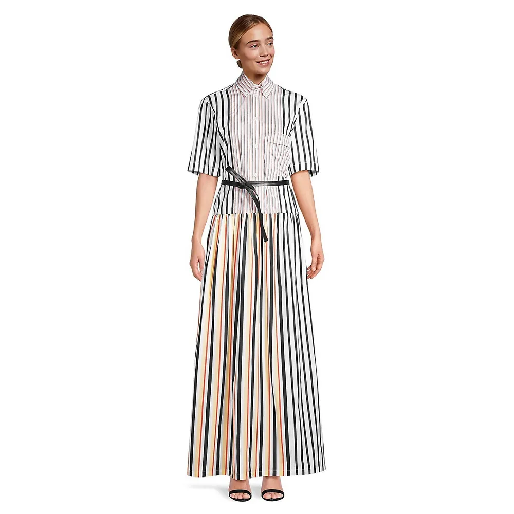 Short-Sleeve Multistripe Maxi Shirtdress