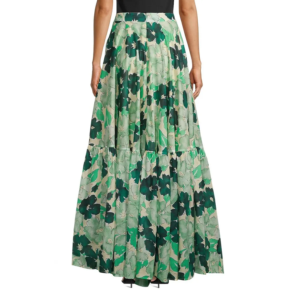 Blooming-Print Tiered Maxi Skirt