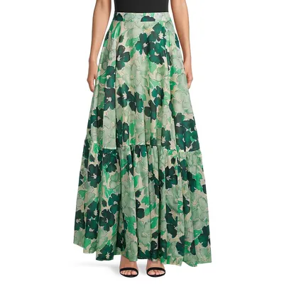 Blooming-Print Tiered Maxi Skirt
