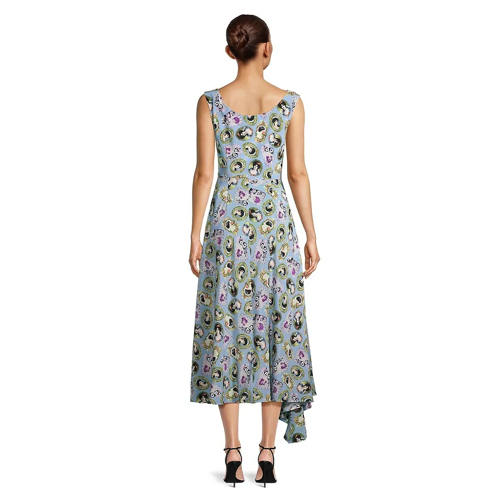 Cameo-Print Sleeveless Silk Midi Dress