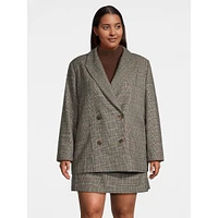 Plus Boxy Double-Breasted Plaid Blazer