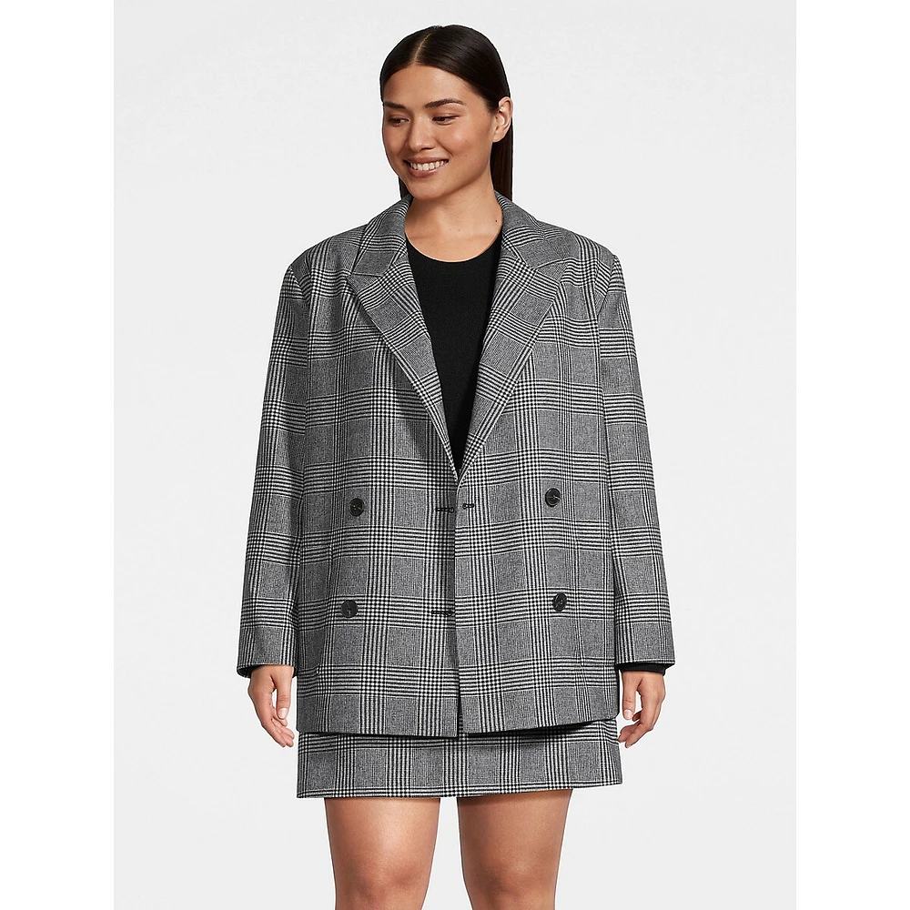 Plus Boxy Double-Breasted Plaid Blazer