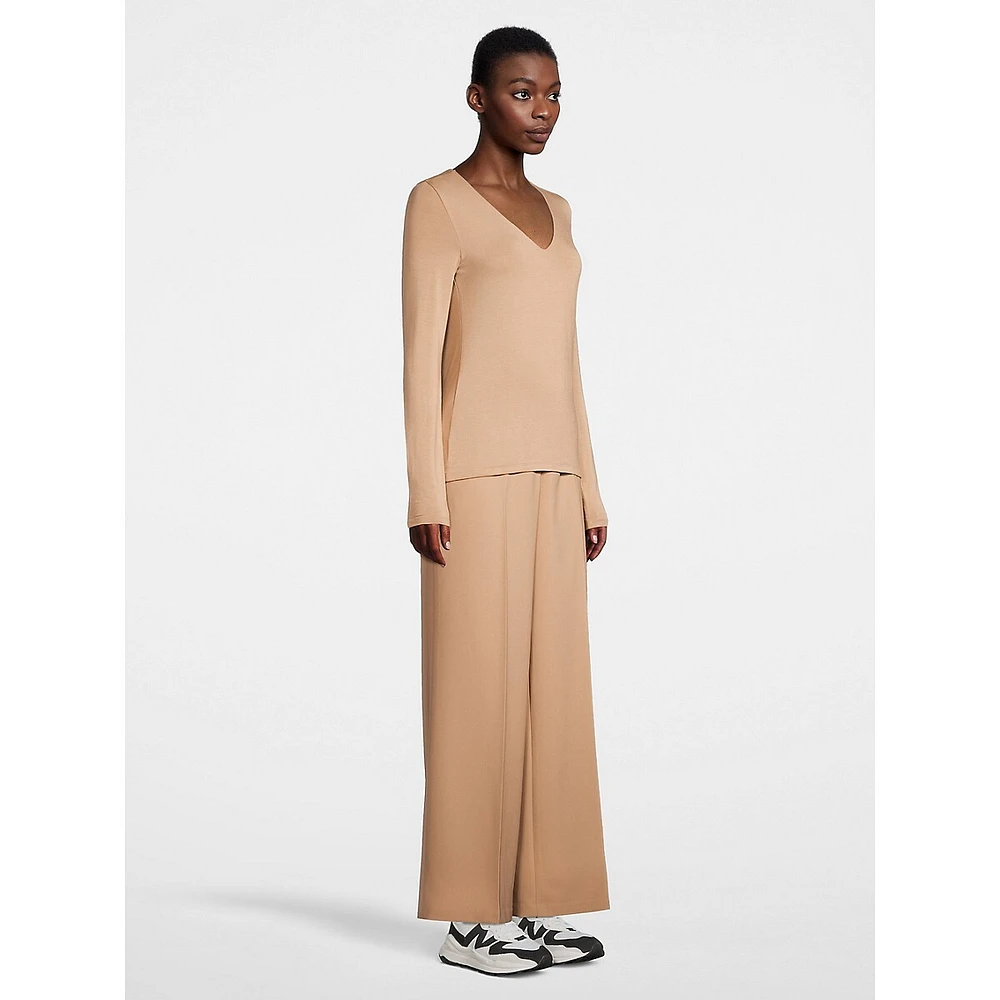 Deep V-Neck Long-Sleeve Stretch Top