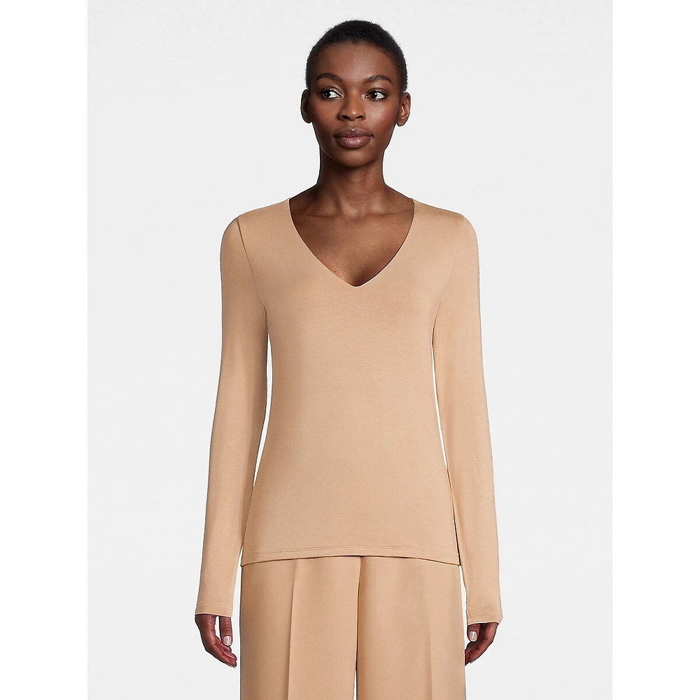 Deep V-Neck Long-Sleeve Stretch Top