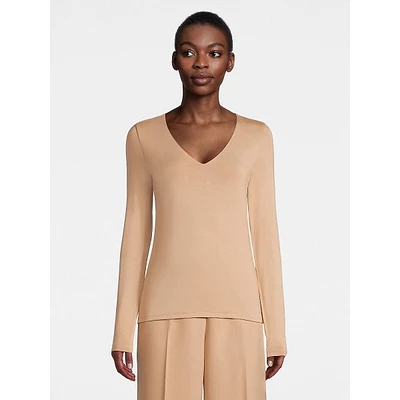 Deep V-Neck Long-Sleeve Stretch Top
