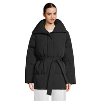 Belted High-Collar Down Puffer Coat