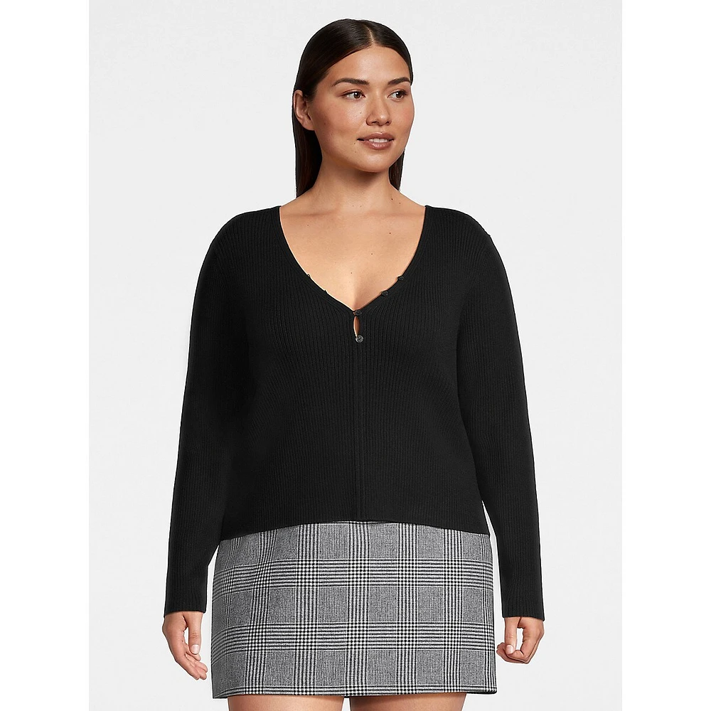 Plus Buttoned V-Neck Rib Sweater