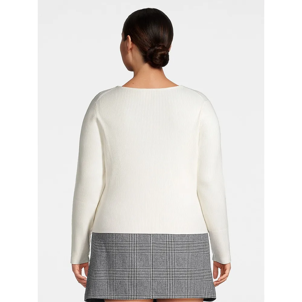 Plus Buttoned V-Neck Rib Sweater