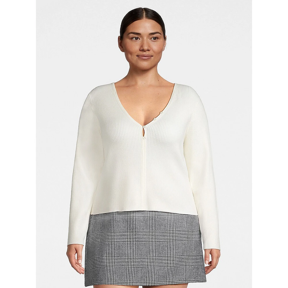 Plus Buttoned V-Neck Rib Sweater