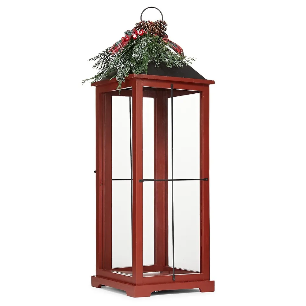 Red Wooden Lantern With Greenery