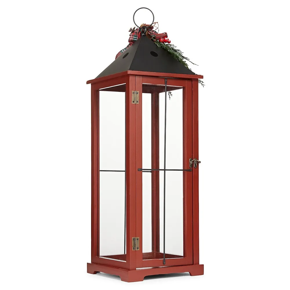 Red Wooden Lantern With Greenery