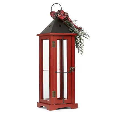 Red Wooden Lantern With Greenery