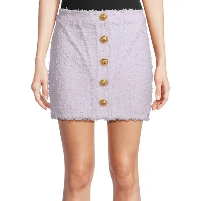 Button-Detail Tweed Mini Skirt