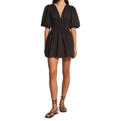 Valledoria Puff-Sleeve Shirred Mini Dress