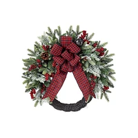 Greenery 24-Inch Wilton Pine Wreath With Plaid Ribbon & Bell