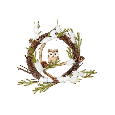 Woodland Sparkle 24-Inch Natural Rattan Owl Wreath With Pinecones