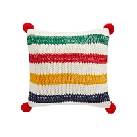 Multistripe Chunky Knit Cushion With Pompoms