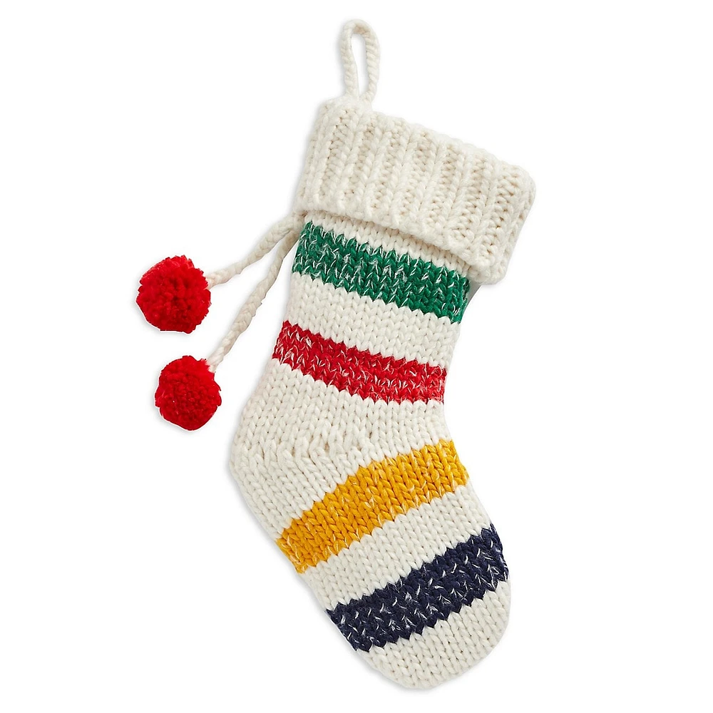 Multistripe Chunky Knit Stocking With Pompoms