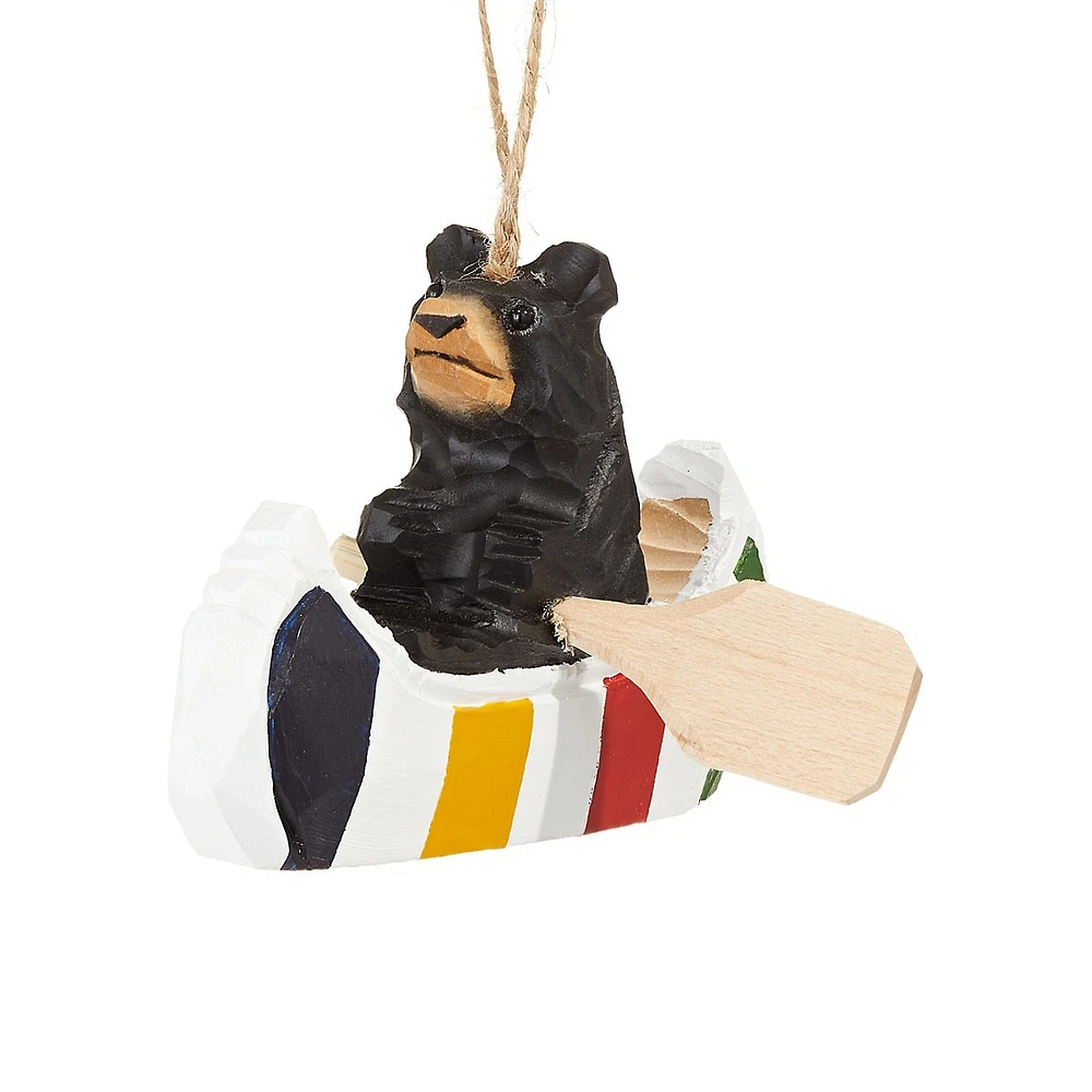 Wooden Bear In Multistripe Canoe Ornament