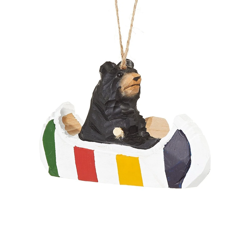 Wooden Bear In Multistripe Canoe Ornament