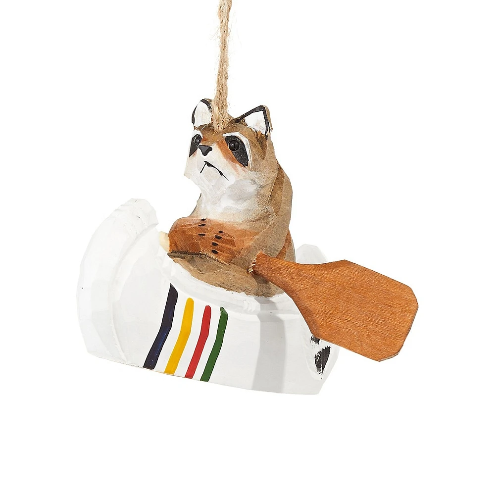 Wooden Racoon In Multistripe Canoe Ornament