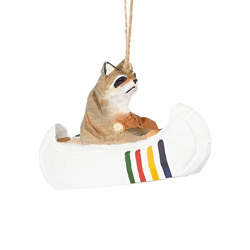 Wooden Racoon In Multistripe Canoe Ornament