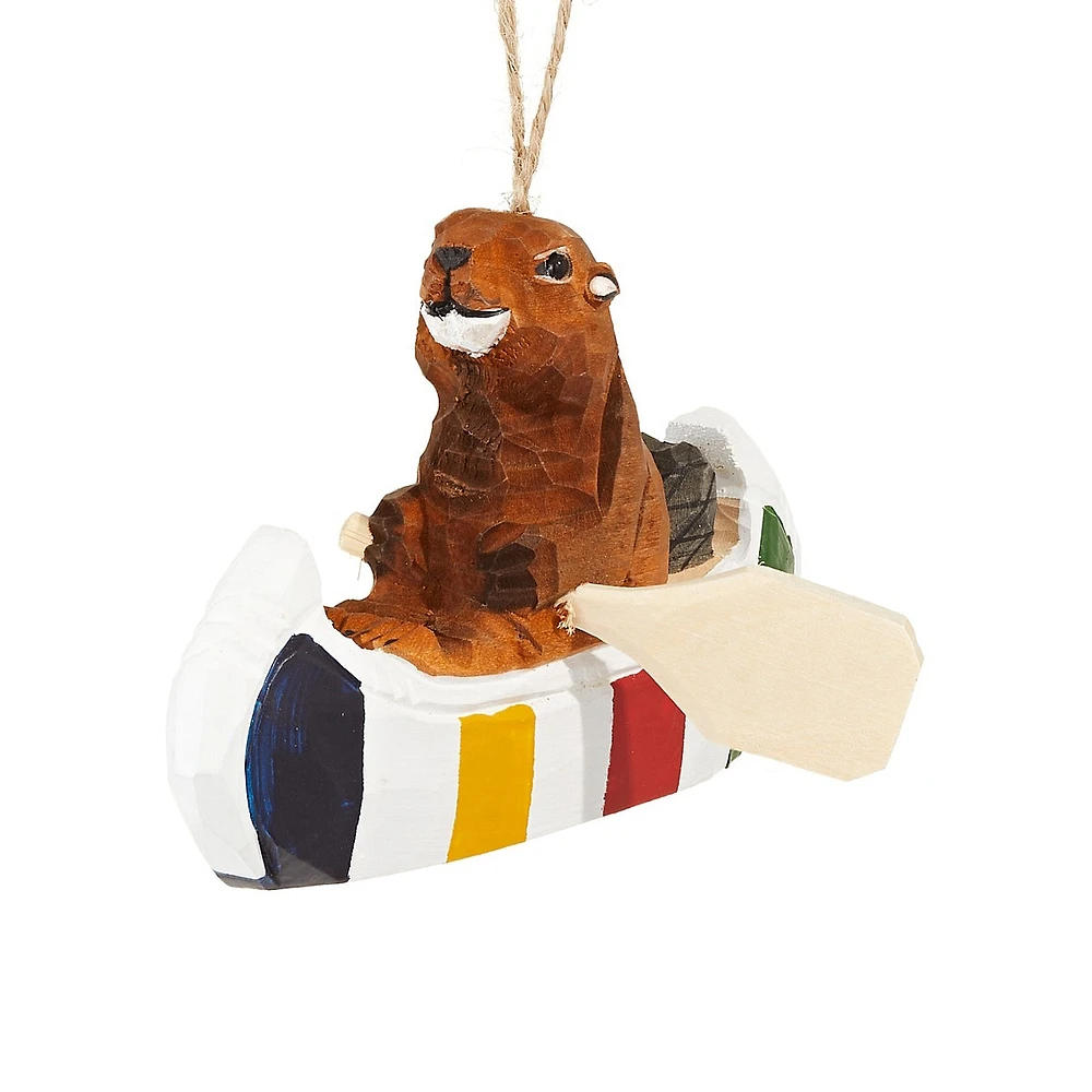 Wooden Beaver In Multistripe Canoe Ornament