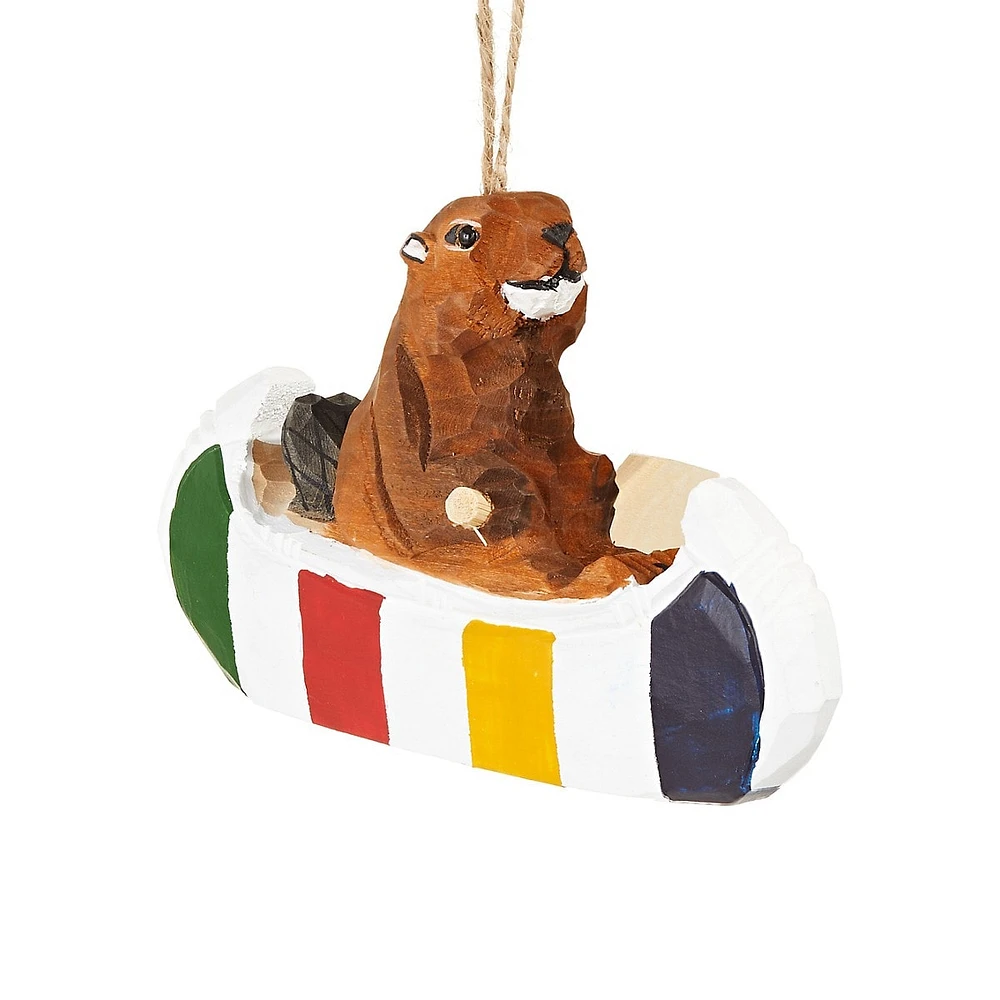 Wooden Beaver In Multistripe Canoe Ornament