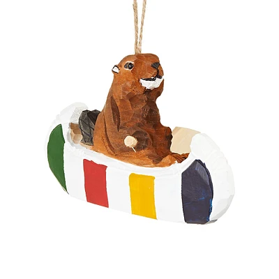 Wooden Beaver In Multistripe Canoe Ornament