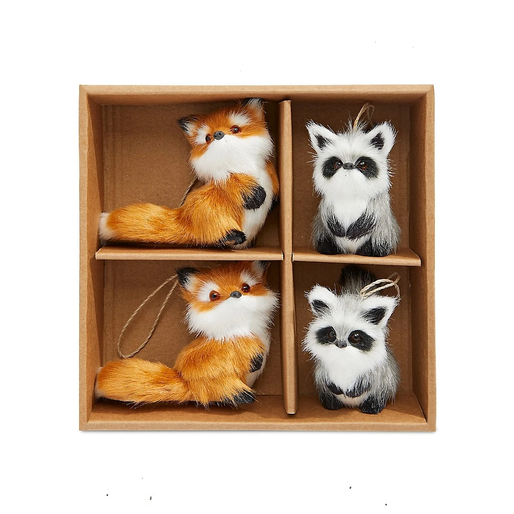 Woodland Sparkle Set of 4 Faux Fur Animal Ornaments