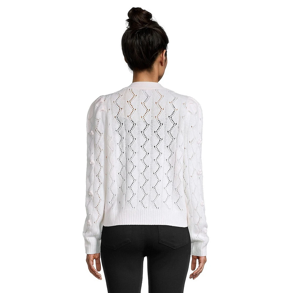 Cashmere Pointelle Puff-Shoulder Cardigan