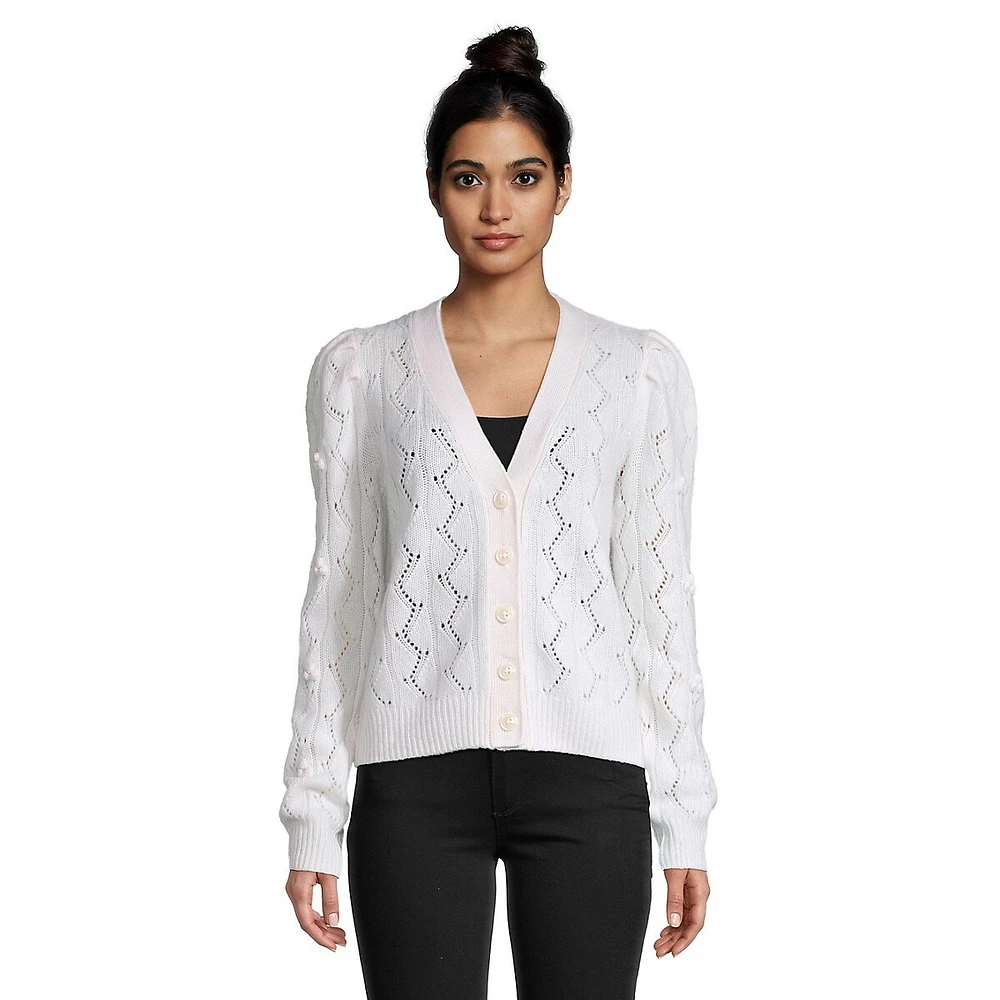 Cashmere Pointelle Puff-Shoulder Cardigan