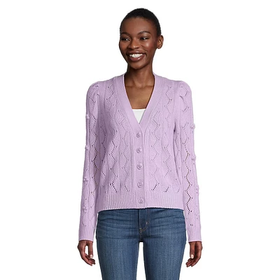 Cashmere Pointelle Puff-Shoulder Cardigan