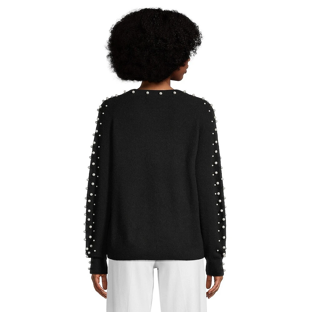 Faux Pearl-Embellished Blouson-Sleeve Cashmere Sweater