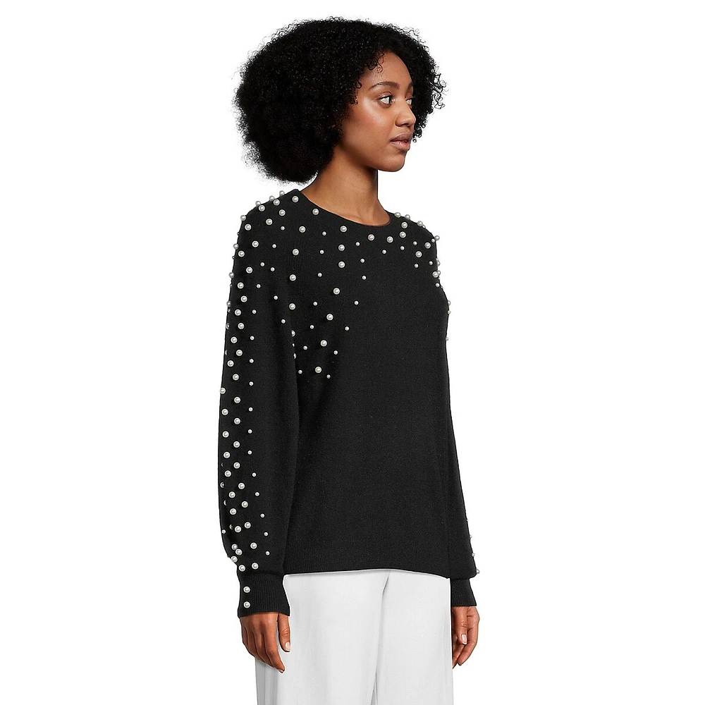 Faux Pearl-Embellished Blouson-Sleeve Cashmere Sweater