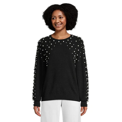 Faux Pearl-Embellished Blouson-Sleeve Cashmere Sweater