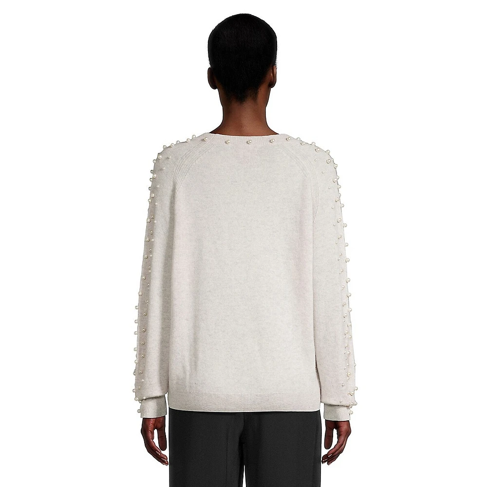 Faux Pearl-Embellished Blouson-Sleeve Cashmere Sweater