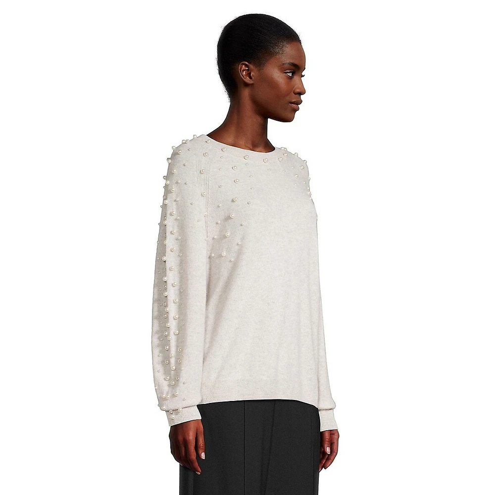 Faux Pearl-Embellished Blouson-Sleeve Cashmere Sweater