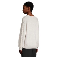 Faux Pearl-Embellished Blouson-Sleeve Cashmere Sweater