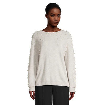 Faux Pearl-Embellished Blouson-Sleeve Cashmere Sweater