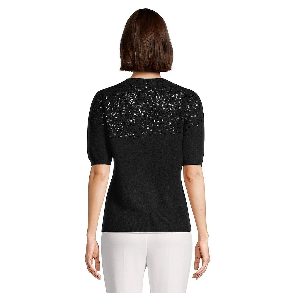 Sequin Short Puff-Sleeve Cashmere Sweater